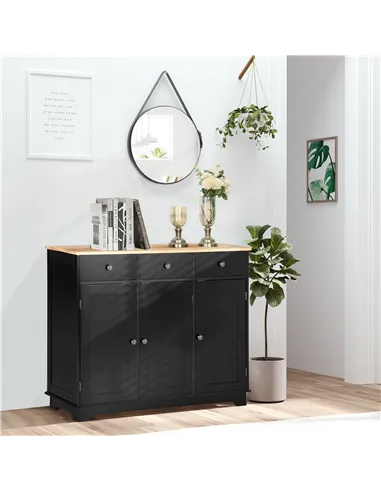 HOMCOM Sideboard with Rubberwood Top and Adjustable Shelves for Dining Room, Kitchen - Black