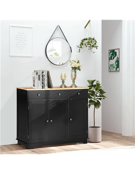 HOMCOM Sideboard with Rubberwood Top and Adjustable Shelves for Dining Room, Kitchen - Black
