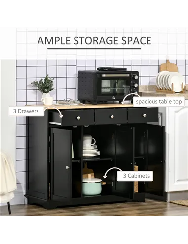 HOMCOM Sideboard with Rubberwood Top and Adjustable Shelves for Dining Room, Kitchen - Black