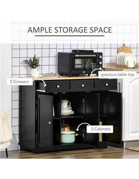 HOMCOM Sideboard with Rubberwood Top and Adjustable Shelves for Dining Room, Kitchen - Black