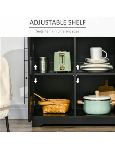 HOMCOM Sideboard with Rubberwood Top and Adjustable Shelves for Dining Room, Kitchen - Black