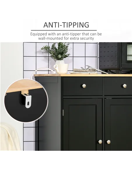 HOMCOM Sideboard with Rubberwood Top and Adjustable Shelves for Dining Room, Kitchen - Black