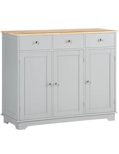 HOMCOM Sideboard with Rubberwood Top and Adjustable Shelves for Dining Room, Kitchen - Grey