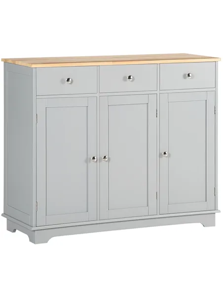 HOMCOM Sideboard with Rubberwood Top and Adjustable Shelves for Dining Room, Kitchen - Grey