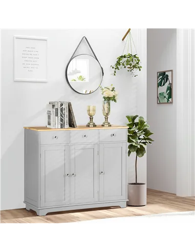 HOMCOM Sideboard with Rubberwood Top and Adjustable Shelves for Dining Room, Kitchen - Grey