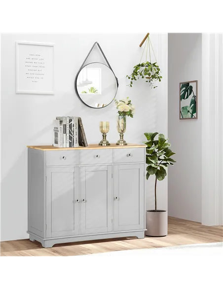 HOMCOM Sideboard with Rubberwood Top and Adjustable Shelves for Dining Room, Kitchen - Grey