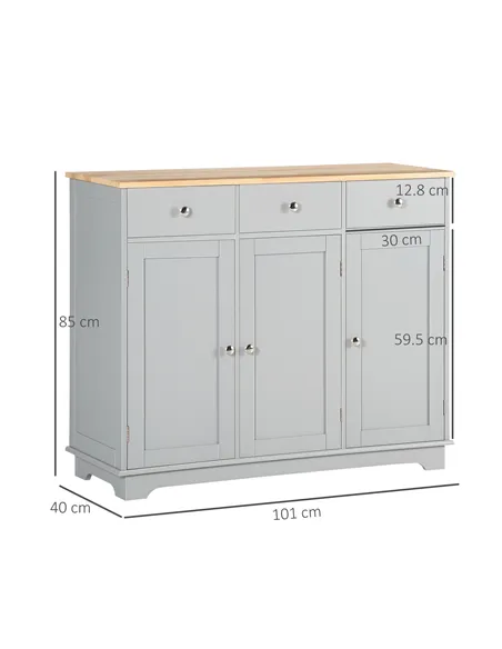 HOMCOM Sideboard with Rubberwood Top and Adjustable Shelves for Dining Room, Kitchen - Grey