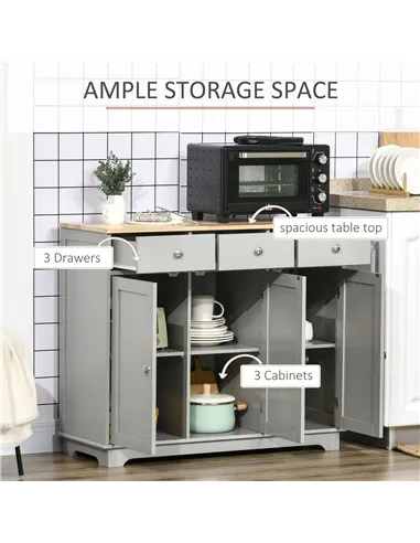 HOMCOM Sideboard with Rubberwood Top and Adjustable Shelves for Dining Room, Kitchen - Grey