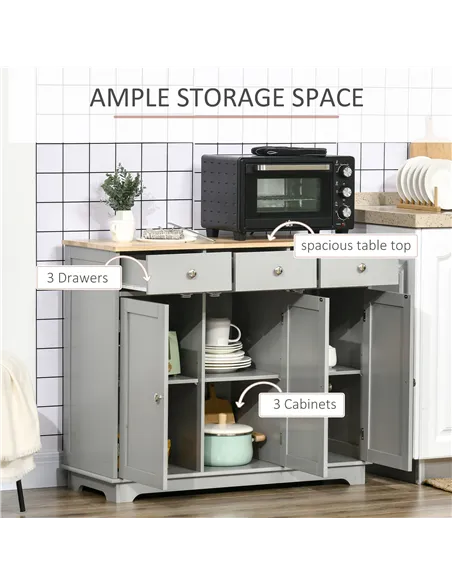 HOMCOM Sideboard with Rubberwood Top and Adjustable Shelves for Dining Room, Kitchen - Grey