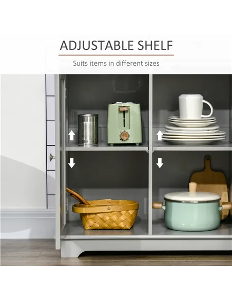 HOMCOM Sideboard with Rubberwood Top and Adjustable Shelves for Dining Room, Kitchen - Grey