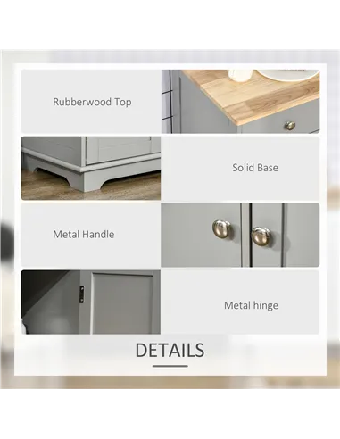 HOMCOM Sideboard with Rubberwood Top and Adjustable Shelves for Dining Room, Kitchen - Grey