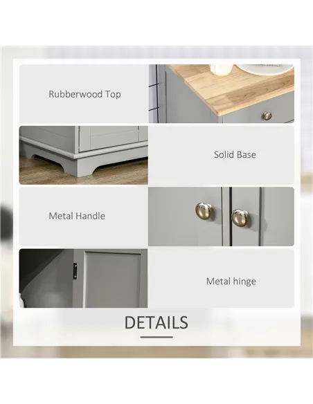 HOMCOM Sideboard with Rubberwood Top and Adjustable Shelves for Dining Room, Kitchen - Grey