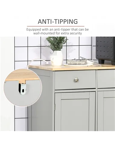 HOMCOM Sideboard with Rubberwood Top and Adjustable Shelves for Dining Room, Kitchen - Grey