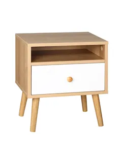 HOMCOM Bedside Table, Bedside Cabinet with Drawer and Shelf, Modern Nightstand, End Table for Living Room, Bedroom, Natural