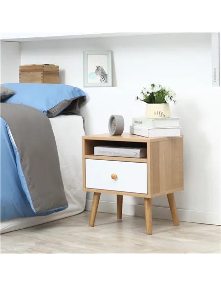 HOMCOM Bedside Table, Bedside Cabinet with Drawer and Shelf, Modern Nightstand, End Table for Living Room, Bedroom, Natural