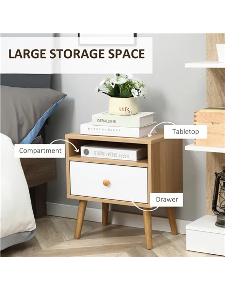 HOMCOM Bedside Table, Bedside Cabinet with Drawer and Shelf, Modern Nightstand, End Table for Living Room, Bedroom, Natural