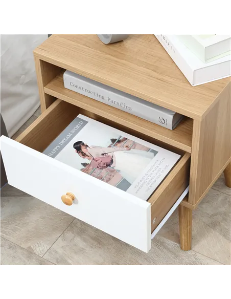 HOMCOM Bedside Table, Bedside Cabinet with Drawer and Shelf, Modern Nightstand, End Table for Living Room, Bedroom, Natural