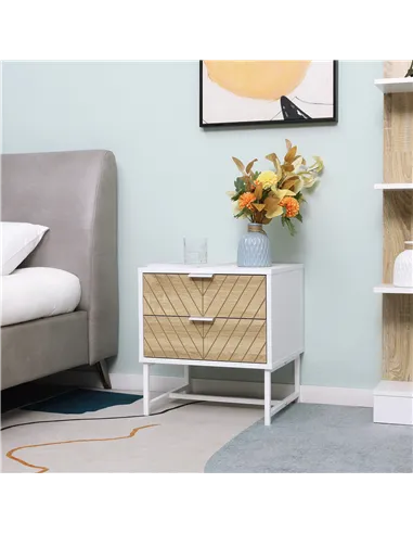 HOMCOM Modern Bedside Table with 2 Drawers and Metal Frame, Sofa Side Table for Bedroom Living Room, White and Oak