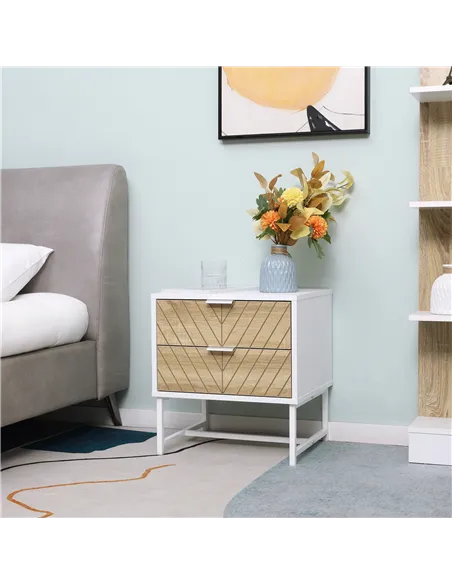 HOMCOM Modern Bedside Table with 2 Drawers and Metal Frame, Sofa Side Table for Bedroom Living Room, White and Oak