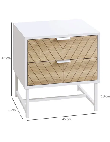 HOMCOM Modern Bedside Table with 2 Drawers and Metal Frame, Sofa Side Table for Bedroom Living Room, White and Oak