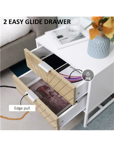 HOMCOM Modern Bedside Table with 2 Drawers and Metal Frame, Sofa Side Table for Bedroom Living Room, White and Oak