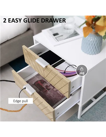 HOMCOM Modern Bedside Table with 2 Drawers and Metal Frame, Sofa Side Table for Bedroom Living Room, White and Oak