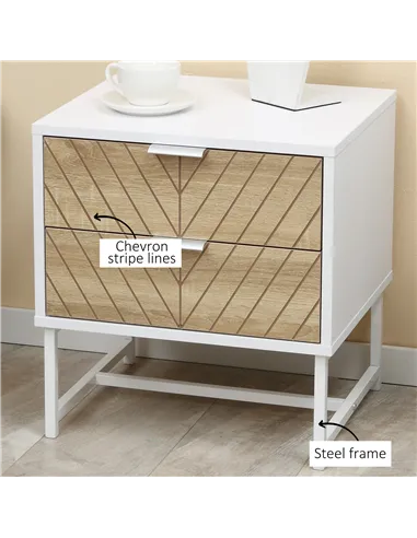 HOMCOM Modern Bedside Table with 2 Drawers and Metal Frame, Sofa Side Table for Bedroom Living Room, White and Oak