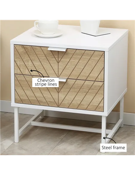 HOMCOM Modern Bedside Table with 2 Drawers and Metal Frame, Sofa Side Table for Bedroom Living Room, White and Oak
