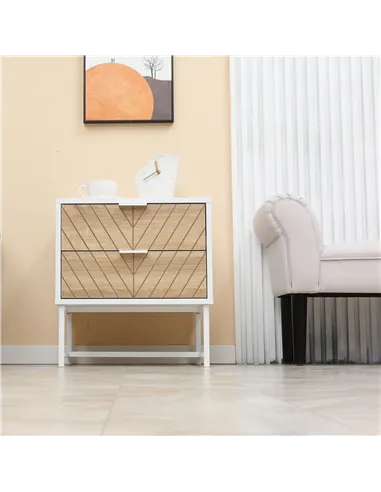 HOMCOM Modern Bedside Table with 2 Drawers and Metal Frame, Sofa Side Table for Bedroom Living Room, White and Oak