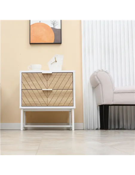 HOMCOM Modern Bedside Table with 2 Drawers and Metal Frame, Sofa Side Table for Bedroom Living Room, White and Oak