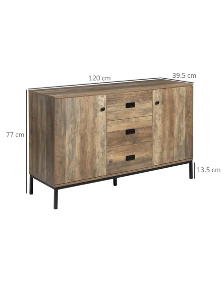 HOMCOM Industrial Sideboard with 3 Drawers, Storage Cabinet, Accent Cupboard with 2 Doors and Adjustable Shelves for Kitchen, Di