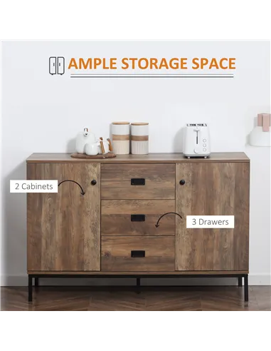 HOMCOM Industrial Sideboard with 3 Drawers, Storage Cabinet, Accent Cupboard with 2 Doors and Adjustable Shelves for Kitchen, Di