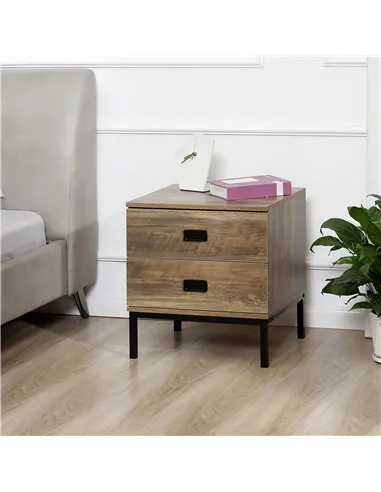 HOMCOM Retro Bedside Table, End Side Table with 2 Drawers, Metal Frame for Bedroom, Living Room, Coffee