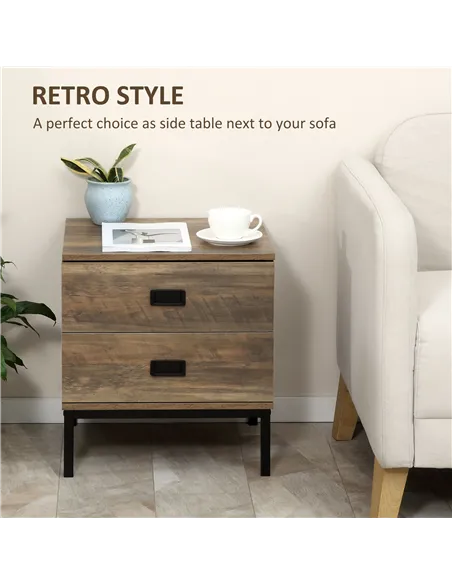 HOMCOM Retro Bedside Table, End Side Table with 2 Drawers, Metal Frame for Bedroom, Living Room, Coffee