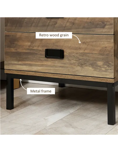 HOMCOM Retro Bedside Table, End Side Table with 2 Drawers, Metal Frame for Bedroom, Living Room, Coffee