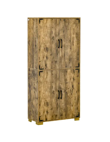 HOMCOM Farmhouse 4-Door Cabinet, Freestanding Tall Cupboard with Storage Shelves for Bedroom & Living Room, Rustic Wood Effect