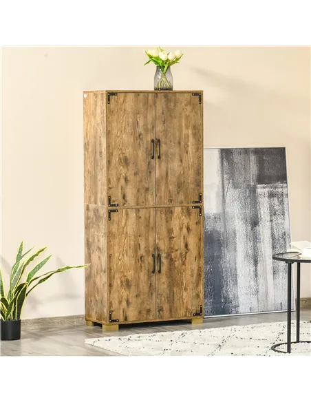 HOMCOM Farmhouse 4-Door Cabinet, Freestanding Tall Cupboard with Storage Shelves for Bedroom & Living Room, Rustic Wood Effect