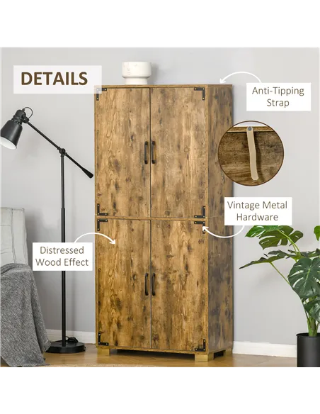 HOMCOM Farmhouse 4-Door Cabinet, Freestanding Tall Cupboard with Storage Shelves for Bedroom & Living Room, Rustic Wood Effect