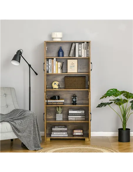 HOMCOM Farmhouse 4-Door Cabinet, Freestanding Tall Cupboard with Storage Shelves for Bedroom & Living Room, Rustic Wood Effect