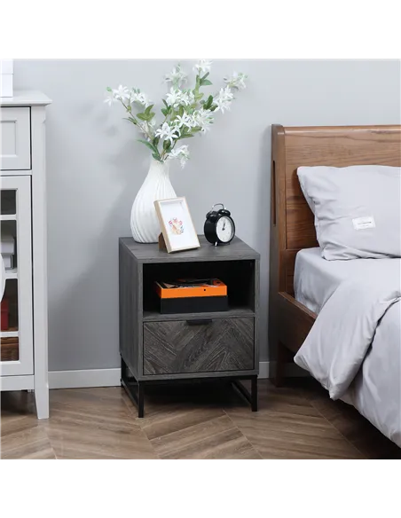 HOMCOM Bedside Table with Drawer and Shelf, Side End Table with Steel Legs for Living Room, Bedroom, Dark Grey