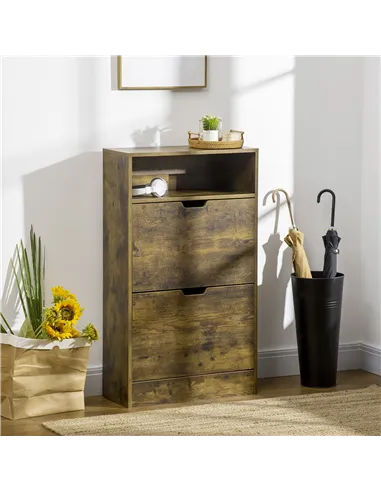 HOMCOM Shoe Cabinet with 2 Flip Doors, Slim 2-Drawer Shoe Cupboard with Adjustable Divider and Open Compartment for 12 Pairs of 