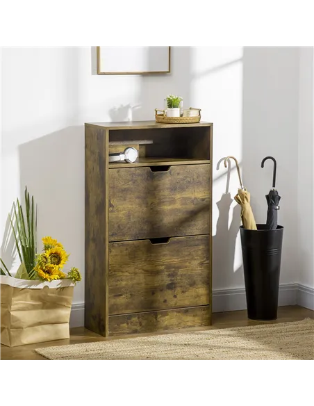 HOMCOM Shoe Cabinet with 2 Flip Doors, Slim 2-Drawer Shoe Cupboard with Adjustable Divider and Open Compartment for 12 Pairs of 