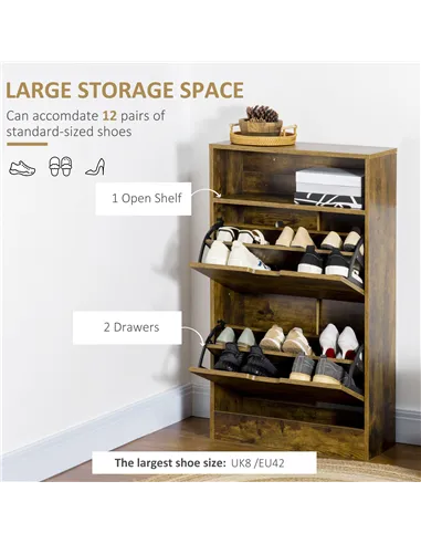 HOMCOM Shoe Cabinet with 2 Flip Doors, Slim 2-Drawer Shoe Cupboard with Adjustable Divider and Open Compartment for 12 Pairs of 