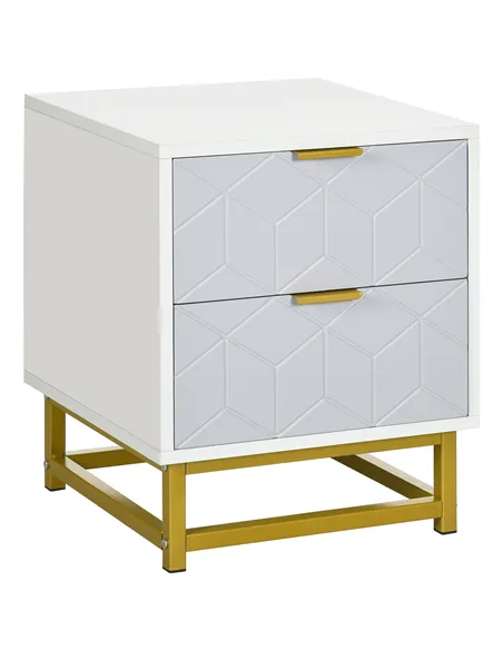 HOMCOM Bedside Table with 2 Drawers, Side Table, Bedside Cabinet with Steel Frame for Living Room, Bedroom, Grey and White
