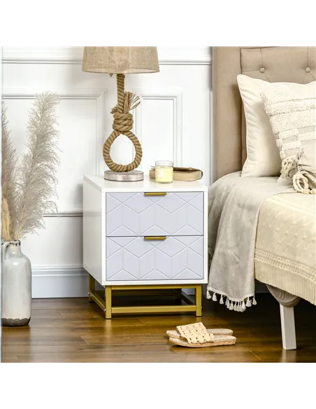 HOMCOM Bedside Table with 2 Drawers, Side Table, Bedside Cabinet with Steel Frame for Living Room, Bedroom, Grey and White