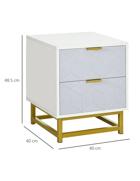 HOMCOM Bedside Table with 2 Drawers, Side Table, Bedside Cabinet with Steel Frame for Living Room, Bedroom, Grey and White