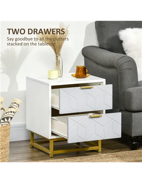HOMCOM Bedside Table with 2 Drawers, Side Table, Bedside Cabinet with Steel Frame for Living Room, Bedroom, Grey and White