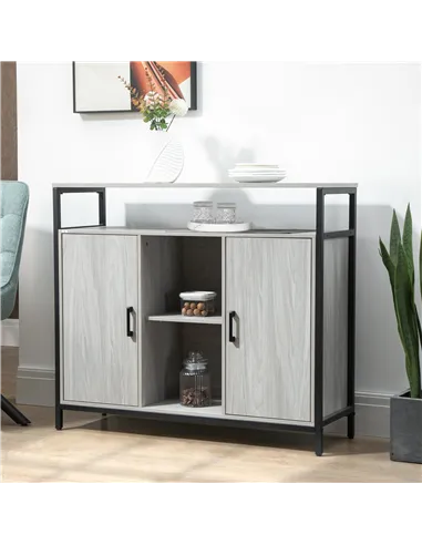 HOMCOM Modern Sideboard, Steel Frame Storage Cabinet with 2 Doors and Adjustable Shelves for Living Room, Hallway, Light Grey