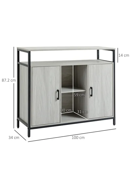 HOMCOM Modern Sideboard, Steel Frame Storage Cabinet with 2 Doors and Adjustable Shelves for Living Room, Hallway, Light Grey