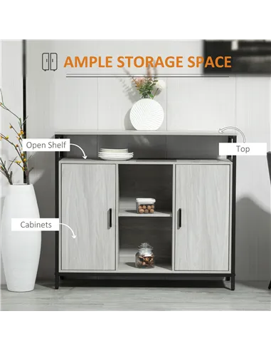 HOMCOM Modern Sideboard, Steel Frame Storage Cabinet with 2 Doors and Adjustable Shelves for Living Room, Hallway, Light Grey